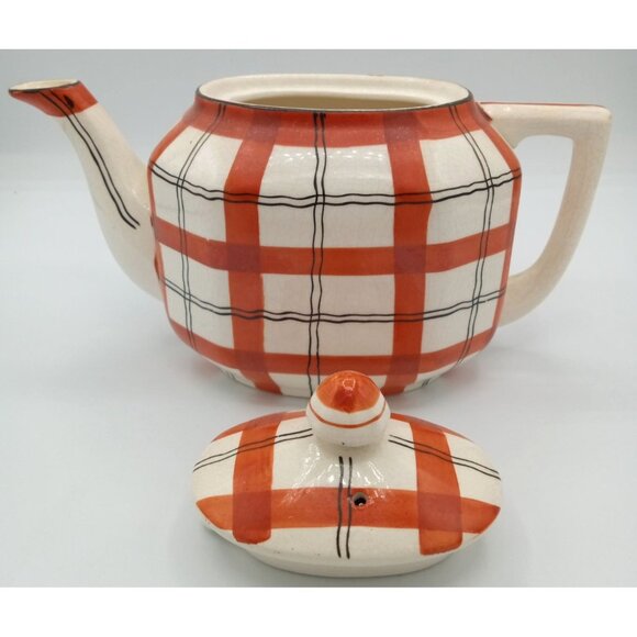 Red Plaid Teapot Vintage Takito Company Japan Hand Painted Crazed 9 Inch Serving - Picture 9 of 16